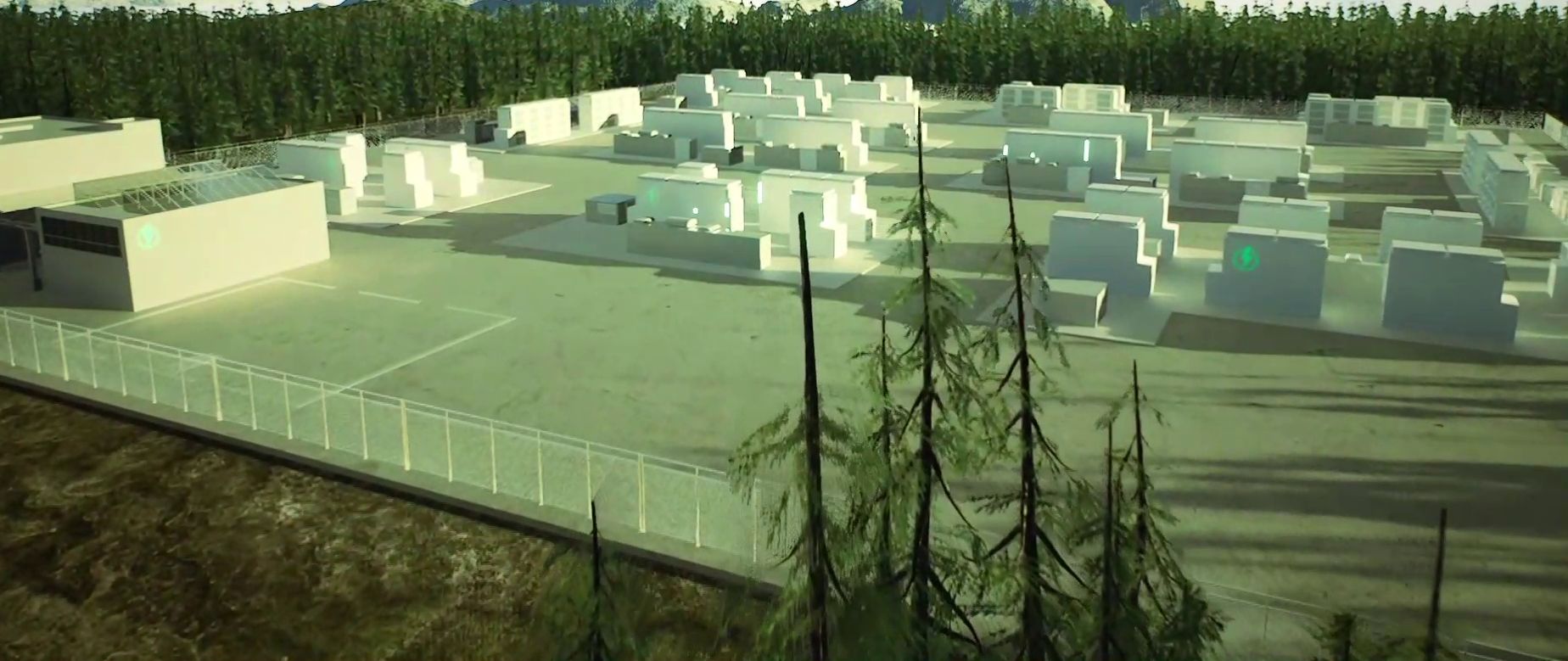 Rendering of an onshore battery storage facility beside a forest